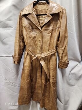 Women's Camel Faux Leather Trench Coat with Tie Belt Vintage